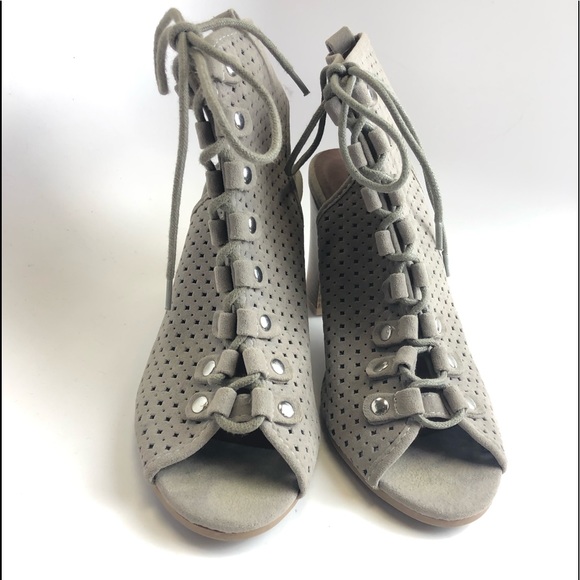 Laser Cut Lace Up Peep Toe Gray Booties - Picture 5 of 5